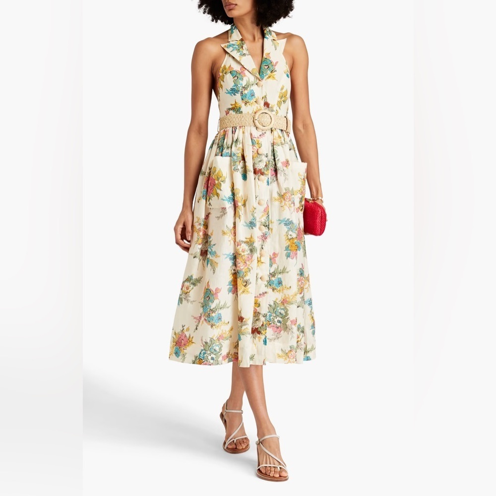 Zimmermann Clover Halter Midi Shirt Dress In Honey Peony Floral Size AU 3, US 10